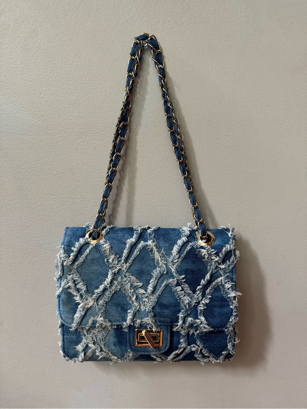 M Marco Denim Quilted Fringe Chain Shoulder Bag - Blue